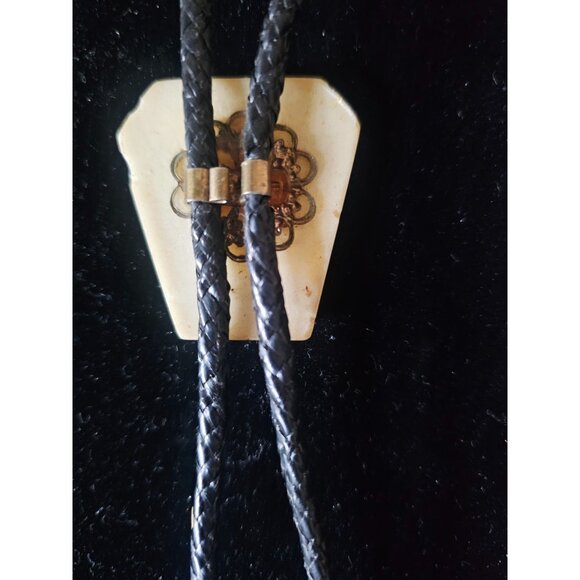 Vintage Bolo tie gold Jet flakes silver ends black leather braid - Picture 5 of 6